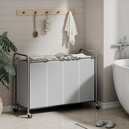 ROMOON Laundry Hamper Sorter Cart: 4-Section Organizer with Heavy-Duty Lockable Wheels and Removable Bags | 180L Rolling Laundry Basket for Dirty Clothes in Laundry Room or Small Spaces (Gray)