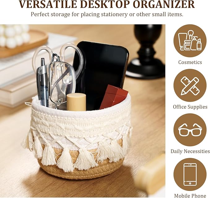 HEAVYWOOD Macrame Makeup Brush Holder Organizer 3.9''x3.9'' Mini Makeup Containers Boho Small Round Storage Basket Tassels Fringe Decorative Pencil Holder Set of 2 (3.9''x3.9'',Khaki)