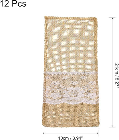 uxcell 12Pcs Burlap Lace Utensil Holders, 4" x 8" Cutlery Pouch Silverware Holder Natural Jute Pouch Bag Burlap Napkin Bag for Wedding Dinner Decoration