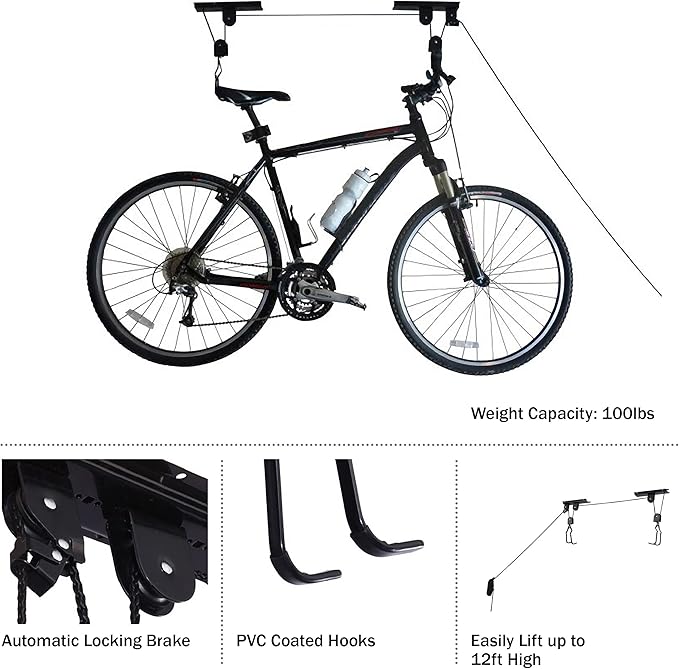 Set of 4 Bike Hangers for Garage - Hoist Pulley System with 100lb Capacity - Overhead Ceiling Storage for Bicycles or Ladders by RAD Sportz