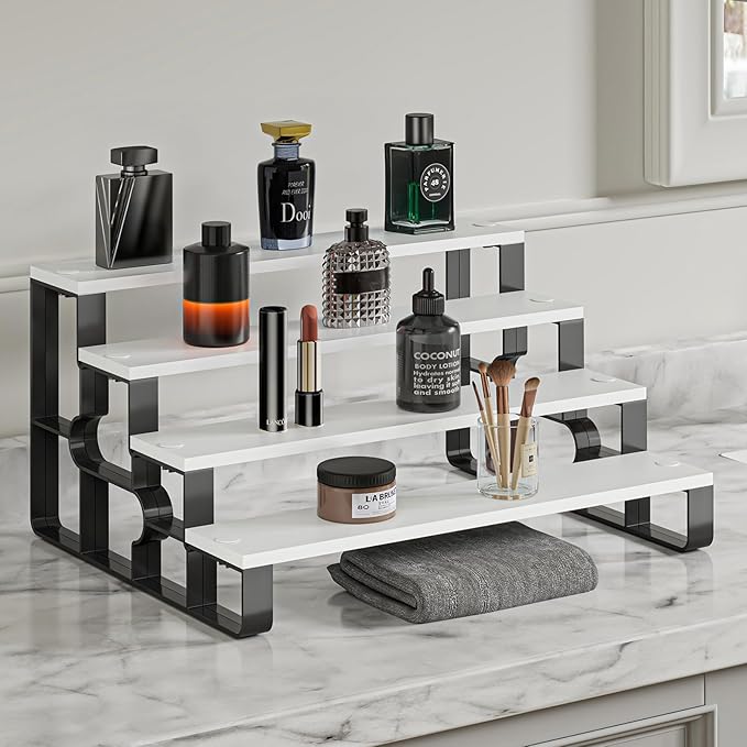 4Tier Makeup Organizers,Bathroom Organizer,Perfume Organizer for Dresser,Cologne Stand for Women,Wood Display Riser Stand for Vanity,Bedroom,Dressing(White-Width=14")