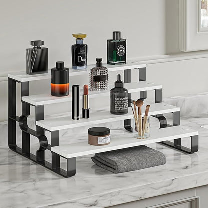 4Tier Makeup Organizers,Bathroom Organizer,Perfume Organizer for Dresser,Cologne Stand for Women,Wood Display Riser Stand for Vanity,Bedroom,Dressing(White-Width=14")