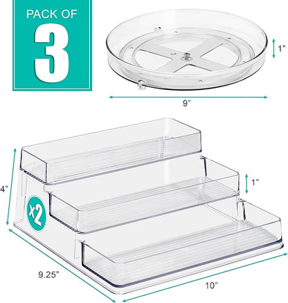 Sorbus Pantry Spice organizer Set, 3-Tier Seasoning Organizer for Cabinet (2 Pack) and Lazy Susan Spice Rack Turntable 9-Inch, Spice Organization for Cabinet, Condiment Organizer Pantry & Refrigerator