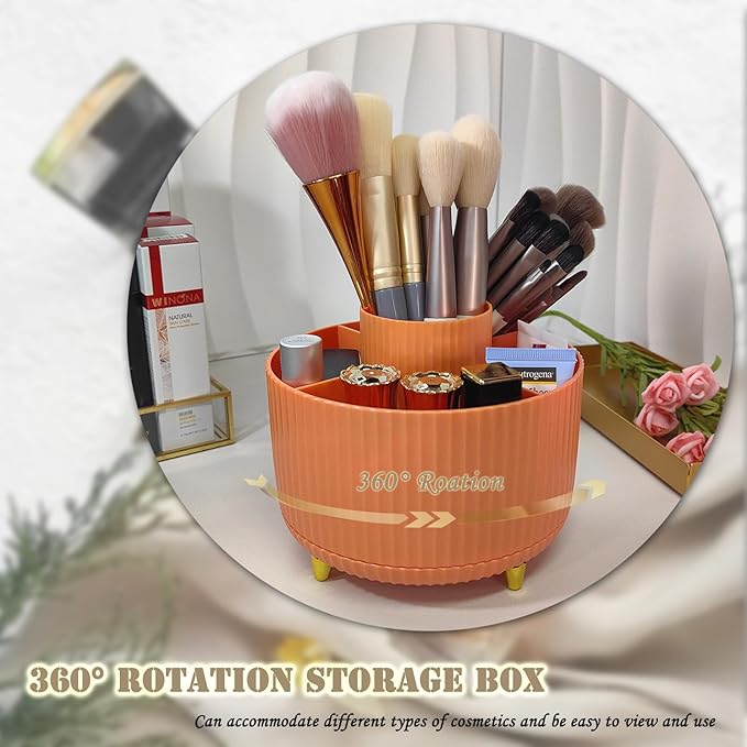 360 Rotating Makeup Brush Holder, Makeup Desk Organizer with 5 Slots Cosmetic Brushes Storage,Makeup Organizer for Vanity, Bedroom Decor, Bathroom Organizer (Orange)