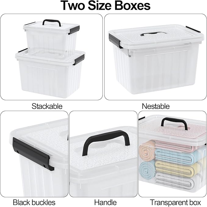 Kiddream 2-Pack Clear Storage Tote Boxes, Plastic Latch Container Bins with Handles, 10 Liter & 6 Liters