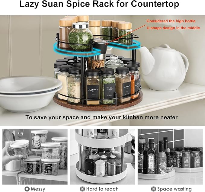 Turntable Lazy Susan Organizer Spice Rack, 2Tier Wooden Spinning Revolving Organizer Height Adjustable,12'' Seasoning Rotating Spice Rack for Cabinet,Kitchen Countertop,Dining Table,Vanity Storage