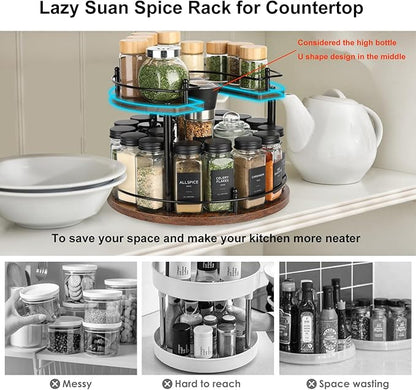Turntable Lazy Susan Organizer Spice Rack, 2Tier Wooden Spinning Revolving Organizer Height Adjustable,12'' Seasoning Rotating Spice Rack for Cabinet,Kitchen Countertop,Dining Table,Vanity Storage