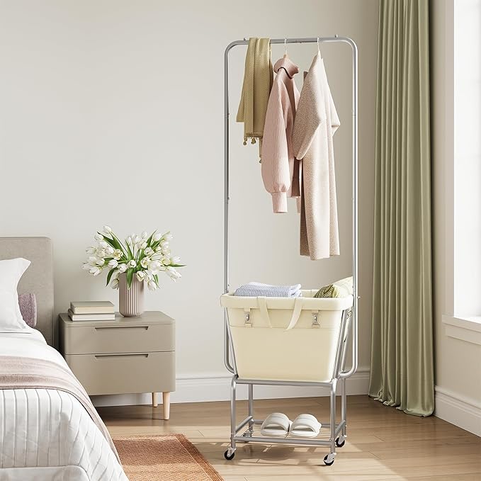 ELYKEN Laundry Cart with Hanging Rack, Rolling Laundry Hamper with Wheels, Laundry Basket with Removable Liner Bag and Shelf, Sturdy Metal Frame Dirty Clothes Basket for Hotel, Home, Closet, Dorm
