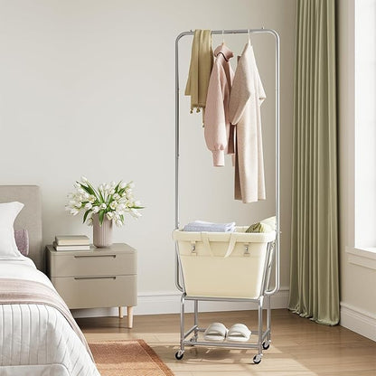 ELYKEN Laundry Cart with Hanging Rack, Rolling Laundry Hamper with Wheels, Laundry Basket with Removable Liner Bag and Shelf, Sturdy Metal Frame Dirty Clothes Basket for Hotel, Home, Closet, Dorm