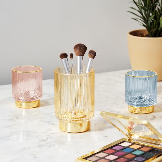 Makeup Brush holder Organizer, Crystal Glass Toothbrush Holders, Striped Make Up Brush Holder for Vanity, Pen Holder for Desk, Vase -Blue (S+L)