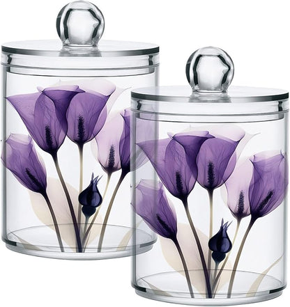 4 Pack Qtip Holder Dispenser Purple Tulip Lily Flower Cotton Ball Swab Round Pads Floss Clear Bathroom Storage Containers Plastic Apothecary Jars with Lids