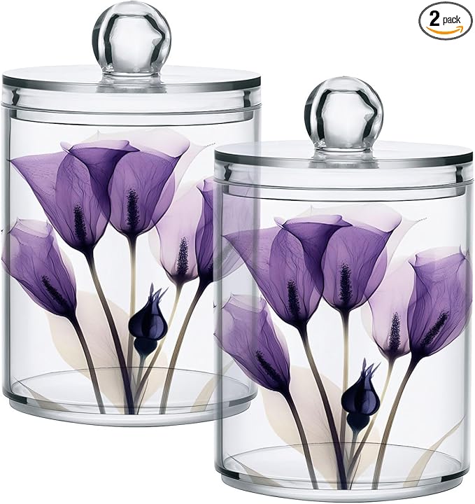 2 Pack Qtip Holder Dispenser for Cotton Ball Purple Tulip Lily Flower Swab Round Pads Clear Plastic Acrylic Jar Set Bathroom Canister