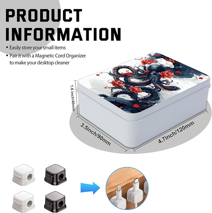 Metal Tin Box with Lid for Game Cards Home Organizer Candles Keys Crafts Storage - Equipped with 4 Magnetic Cord Clips，Octopus and Red Flower