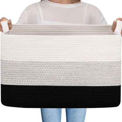 OIAHOMY Large Blanket Basket, 65L Cotton Rope Woven Laundry Basket, Toy Bin for Baby Room, Container for Blanket Storage in Living Room, 20''×16''×12'', Gradient Black