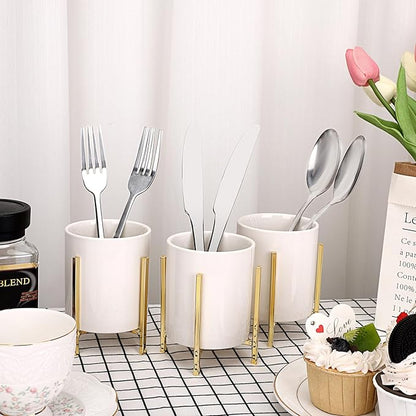 JUXYES Pack of 3 Ceramic Silverware Holder For Party Table, White Cutlery Holder Holder With Golden Metal Bracket, Small Flatware Caddy Organizer Utensil Holder Organizer for Kitchen Dining Tables