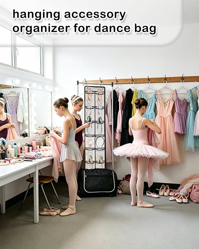 55 Inch Hanging Organizer for Dance Bag： 6-Section Mesh Hanging Shoe Rack Large Vertical Storage for Shoes accessory Dance Bag Organizer accessory White