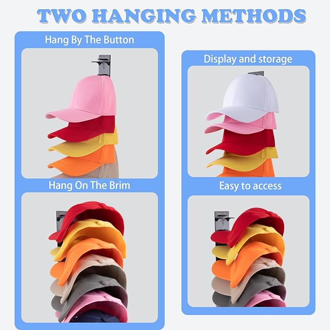 Hat Organizer for Baseball Caps, 2 Pack Hat Rack for Wall Hold up to 18 Hats Strong Adhesive Hat Hooks Stand Multilayer Hat Hanger Organizer Storage Holder Display for Door Closet Bedroom（Black)
