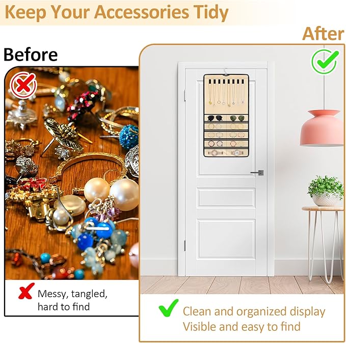 Hanging Jewelry Organizers and Storage, Double-Sided Jewelry Necklace Holder for Jewelries, Earrings, Accessories, Rings on Closet, Door, Wall (1,Beige)
