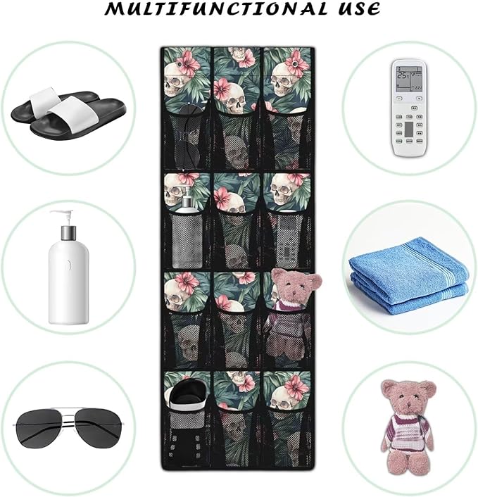 Skull Tropical Flowers Hanging Storage Bags,Shoe Organizer Door Hanger with 12 Mesh Large Pockets,Space Saver Hanging Shoe Storage Hanging Bag