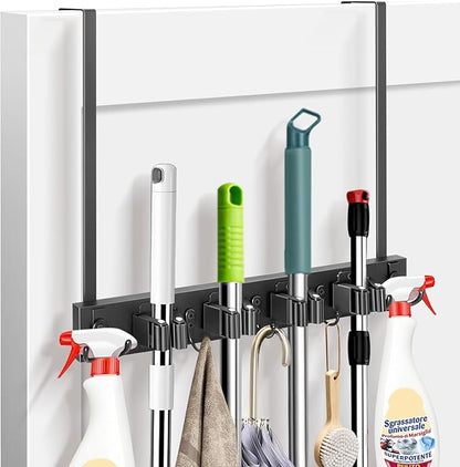 Mop and Broom Holder Over the Door, Wood Broom Hanger, Broom and Mop Organizer with 4 Slots and 7 Hooks, Drilling-Free Mop and Broom Holder for Garage, Laundry Room, Broom Hanger and Storage Tool