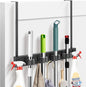 Mop and Broom Holder Over the Door, Wood Broom Hanger, Broom and Mop Organizer with 4 Slots and 7 Hooks, Drilling-Free Mop and Broom Holder for Garage, Laundry Room, Broom Hanger and Storage Tool