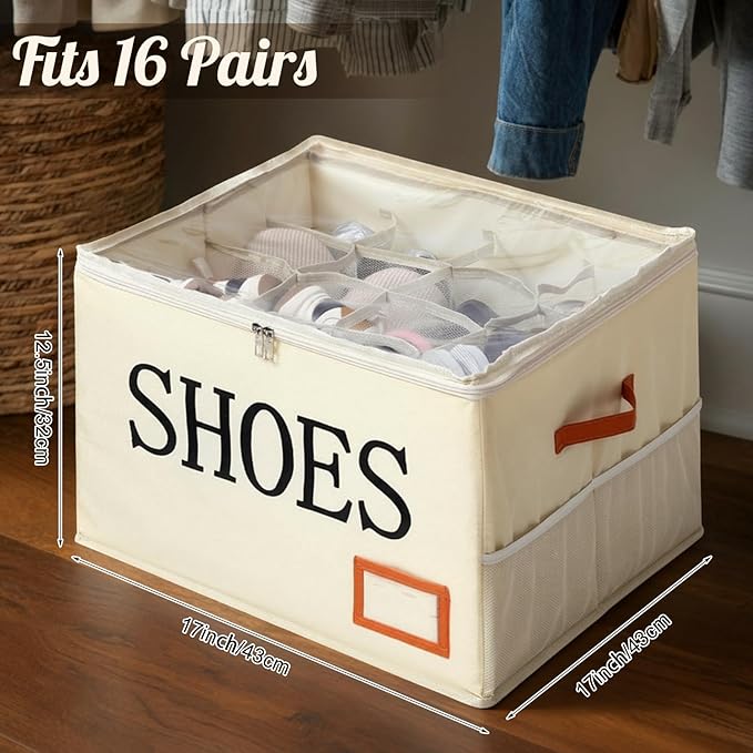 Amyhill Shoe Organizer for Closet Fits 16 Pairs Fabric Large Foldable Shoe Storage Box with Handles and Clear Cover Mesh Bags Printed SHOES Text for Closet Organizer Sneakers Heels Slippers