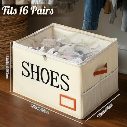Amyhill Shoe Organizer for Closet Fits 16 Pairs Fabric Large Foldable Shoe Storage Box with Handles and Clear Cover Mesh Bags Printed SHOES Text for Closet Organizer Sneakers Heels Slippers