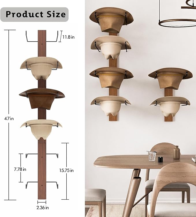 Cowboy Hat Rack - 6-Piece Western Hat Holder, Rustic Black Metal & Natural Wooden Board Wall Mount