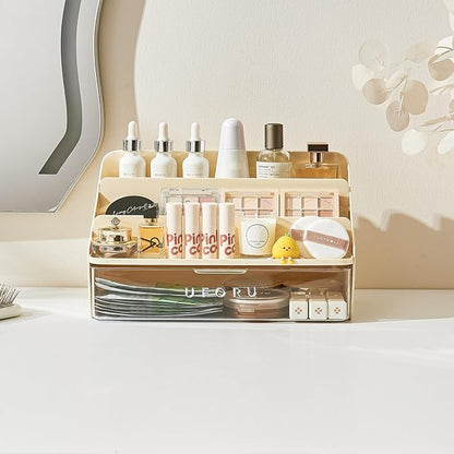 UFORU 3-Tier Display Riser with Large Detachable Drawer, Plastic Storage Shelf, Perfume and Cologne Organizer Stand, Makeup Organizer for Vanity, Bathroom, Office, Cream White