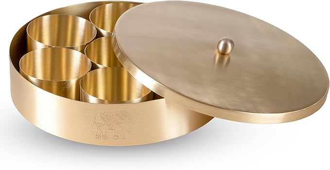 Veda Essentials. Handcrafted Brass Masala Box with 7 Compartments and a Spoon - Indian Spice Organizer with Embossed Lid | Premium Brass Masala Daani (Plain Lid with Matt Finish)