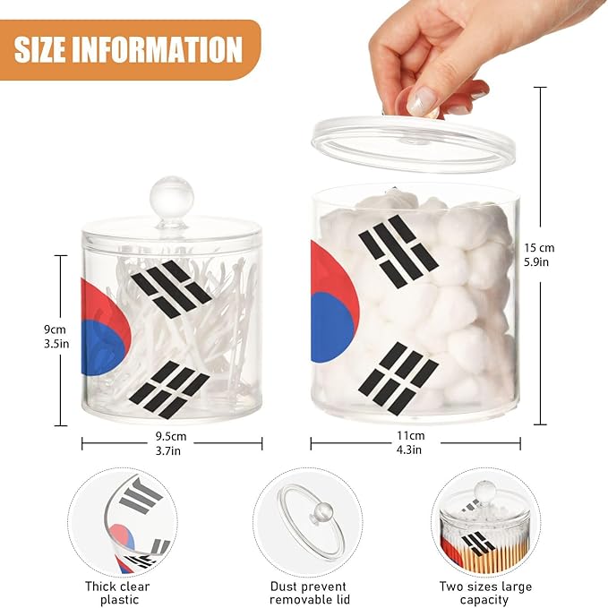 DOMIKING South Korea Flag 2 Pack Bathroom Canisters Cotton Swab Holder Dispenser Plastic Cotton Ball Jar Acrylic Storage Containers for Makeup Sponges Floss Cotton Ball
