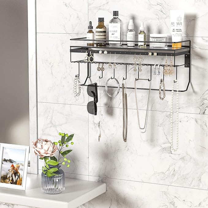 JackCubeDesign Gothic Wall Mounted Jewelry Organizer - Hanging Necklace, Earring, Bracelet Holder with Hooks and Shelf - Goth Room Decor, Iron Jewelry Display Storage Rack for Bedroom & Closet-MK238A