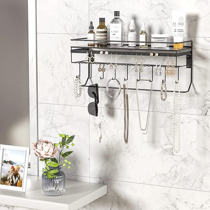 JackCubeDesign Gothic Wall Mounted Jewelry Organizer - Hanging Necklace, Earring, Bracelet Holder with Hooks and Shelf - Goth Room Decor, Iron Jewelry Display Storage Rack for Bedroom & Closet-MK238A