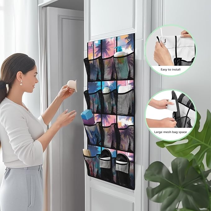 Colorful Coconut Tree Over the Door Shoe Organizer 12 Large Mesh Pockets Foldable Shoe Rack for Door Hanging Shoe Organizer Shoe Holder