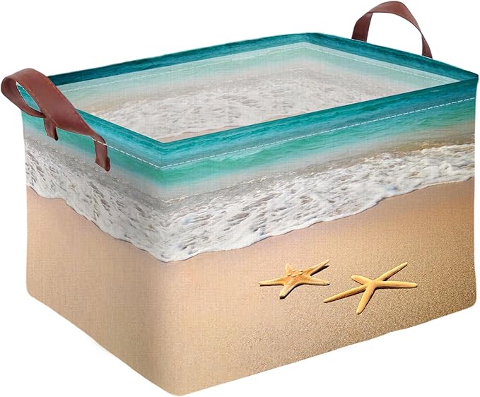 Beach Starfish Storage Basket Waterproof Canvas Toy Storage Bin Beach Room Decor Collapsible Outdoor Basket with Leather Handles Beach Decor Blanket Baskets For Closets,Bedrooms,Gifts Baskets