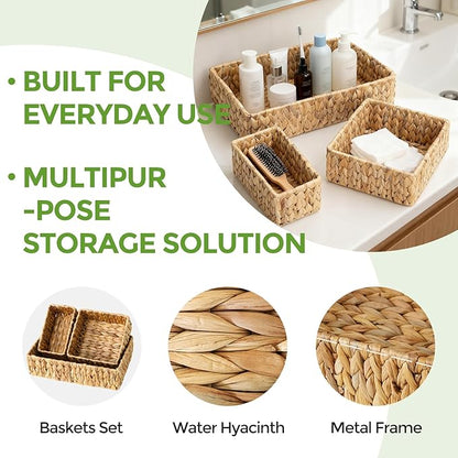Wicker Storage Baskets Set of 3, Handwoven Water Hyacinth Baskets for Organizing, Large and Small Wicker Baskets Set, Decorative Natural Woven Baskets 3Pack for Pantry Shelves