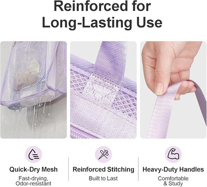 F-color Mesh Shower Caddy Portable Hanging - 3 Pockets Small Shower Bag Tote for Camping, Gym, Travel, Toiletry, Quick Dry Bathroom Essentials with S Hook, Purple