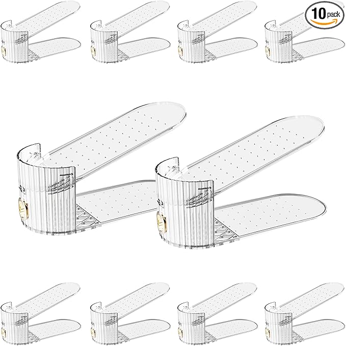 Shoe Slot Organizer,Adjustable Shoe Stacker for a Pair of Shoes,Shoe Holder Space Saver,Double Deck Shoe Riser Shoe Rack,Shoe Organizer for Closet (Clear, 10 Pack)