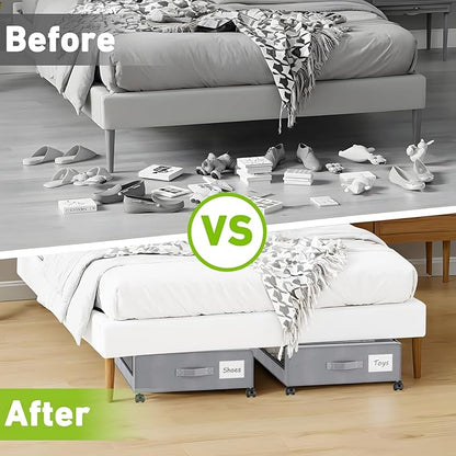 Molutsody Under Bed Storage with Wheels, 4-Pack Underbed Storage Containers with Clear Lids, Under Bed Shoe Storage Organizer, Rolling Under Bed Storage for Clothes Shoes Blankets (Grey)
