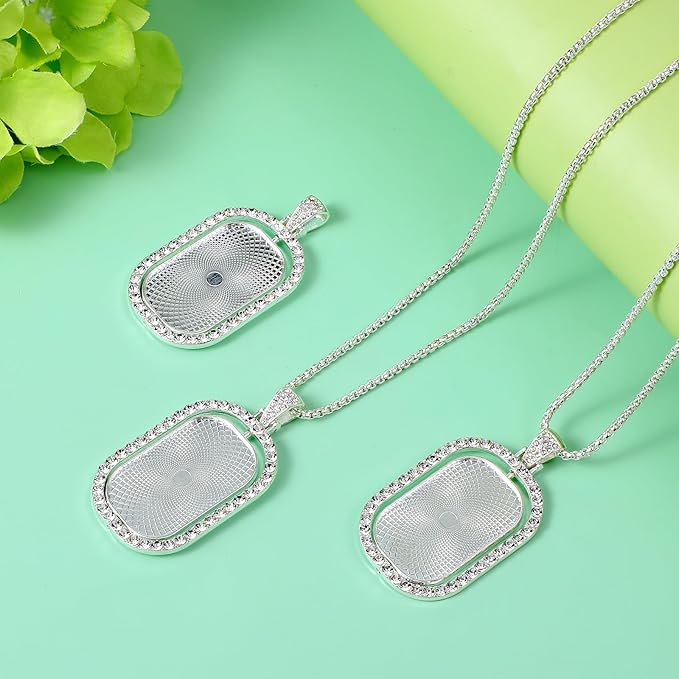 48 Pcs Sublimation Rhinestone Trays Pendant Set, Including 12 Double Sided Blank Rhinestone Bezel Trays, 12 Pcs Thick Chains with 24 Sublimation Discs for Making (Silver)