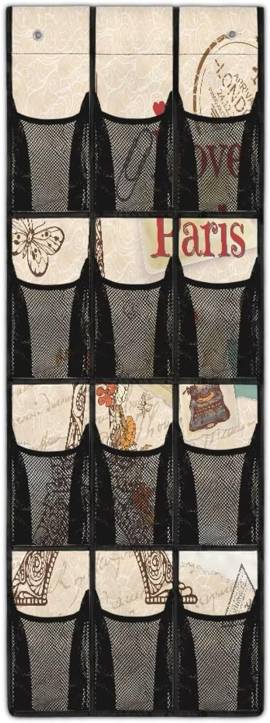 Paris Tower Behind Door Organizer 12 Pockets Over The Door Shoe Organizer for Closet Easy to Install Shoe Holder Hanger Office