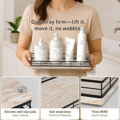 Toilet Paper Basket Organizer – Ash Wood Toilet Tank Tray with Metal Frame, Bathroom Counter Top Storage for Toilet Paper Wipes & Decor, Modern Narrow Back of Tank Shelf Organizer, Black & Whitewashed