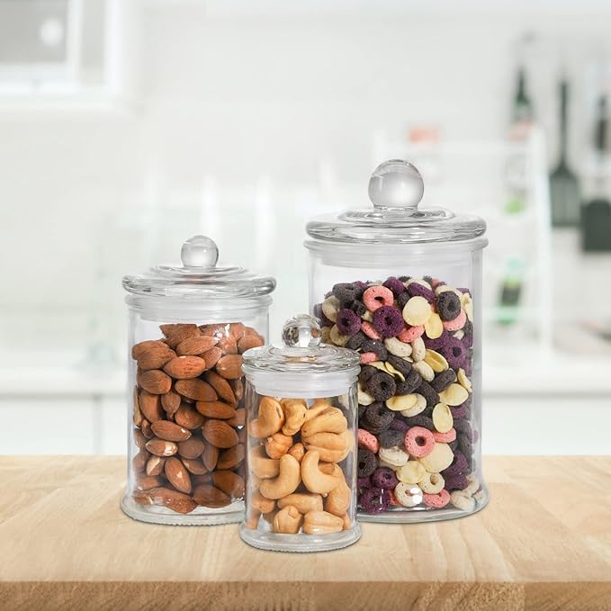 Set of 3 Glass Apothecary Jars with Lids, Bathroom Canisters Storage Container Jars, Decorative Small Glass Apothecary Jar for Cotton Swabs, Cotton Balls, Makeup Sponges, Bath Salts