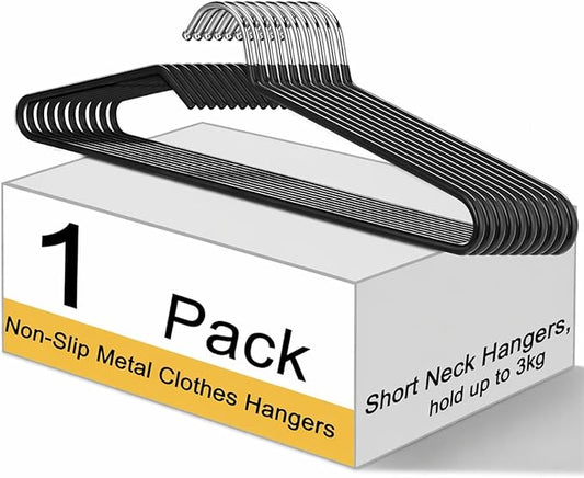 Leumoi 1 Pack Short Neck Hangers Non-Slip Metal Hangers for Clothes, Pants, Shirts, Tank Tops, Jackets, Space Saving, Short Neck Household Collar Protection (Black)