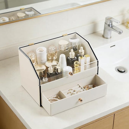 Leather Makeup Organizer & Skincare Storage Rack - Cosmetic Display Case with Dustproof Transparent Cover, Drawer Jewelry Storage, for Bedroom Vanity, Perfume & Lipstick Organizer - White