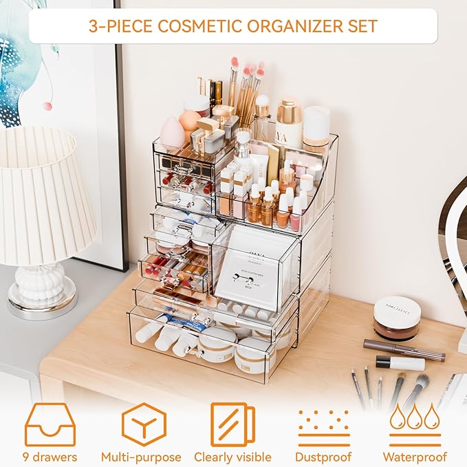 Yieach 3 Pack Clear Makeup Organizer Countertop for Dresser,Vanity and Bathroom Counter Organizer,Tiered Stackable Makeup Acrylic Organizers with 9 Drawer for Skincare,Brush and Make up Holders