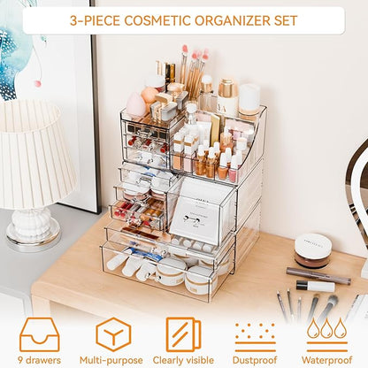 Yieach 3 Pack Clear Makeup Organizer Countertop for Dresser,Vanity and Bathroom Counter Organizer,Tiered Stackable Makeup Acrylic Organizers with 9 Drawer for Skincare,Brush and Make up Holders