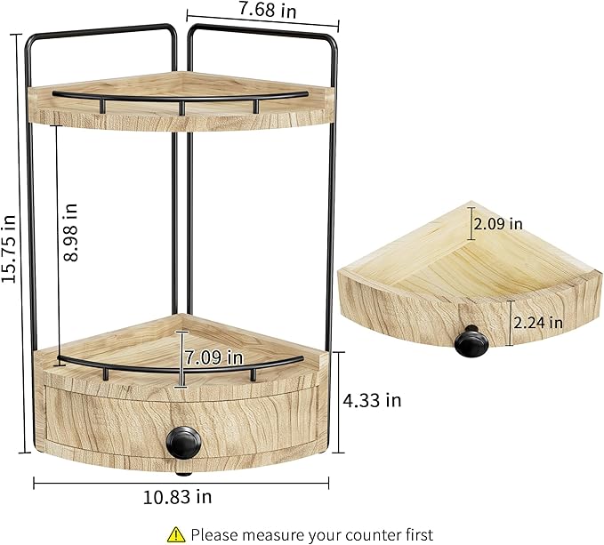 2-Tier Corner Bathroom Counter Organizer with Drawer & Embedded Screw Holes - Wooden Countertop Organizers for Skincare, Makeup Storage, Bathroom Sink Counter Shelf for Vanity, Kitchen, Wood color