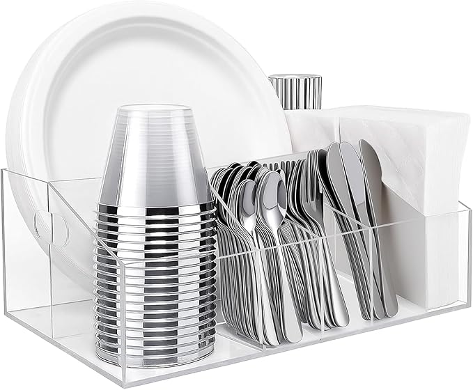 Acrylic Paper Plate Organizer and Dispenser – Extra Capacity Plate and Utensil Caddy for Plates, Cups, Napkins and Cutlery, Ideal for Kitchen, Parties, Picnics, Weddings, and Outdoor Events