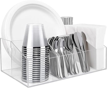Acrylic Paper Plate Organizer and Dispenser – Extra Capacity Plate and Utensil Caddy for Plates, Cups, Napkins and Cutlery, Ideal for Kitchen, Parties, Picnics, Weddings, and Outdoor Events